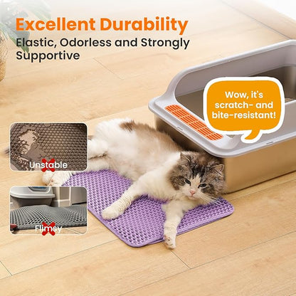 Petinstinct Small Cat Litter Mat, 20x14’’ Double Layer Honeycomb Cat Litter Box Mat, Non Slip Waterproof Urine Proof Litter Trapping Mat for Floor, Kitty Litter Pad, Indoor Pet Supplies, Purple