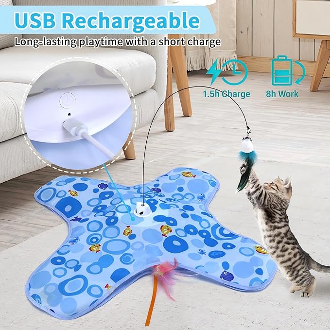 DFQ Interactive Cat Toy,3 in 1 Hide and Seek for Indoor Cats, Rechargeable Touch-Activated Moving Feather Wand with Concealed Motion, Play Toy for Kittens and Adult Cats (Blue)