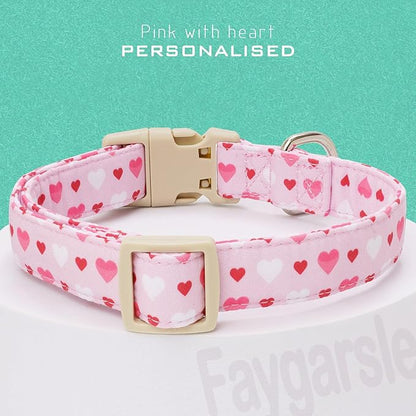 Faygarsle Valentine's Day Dog Collar, Pink with Red and White Hearts Pattern, Adjustable with Quick-Release Buckle and Heart Charm M