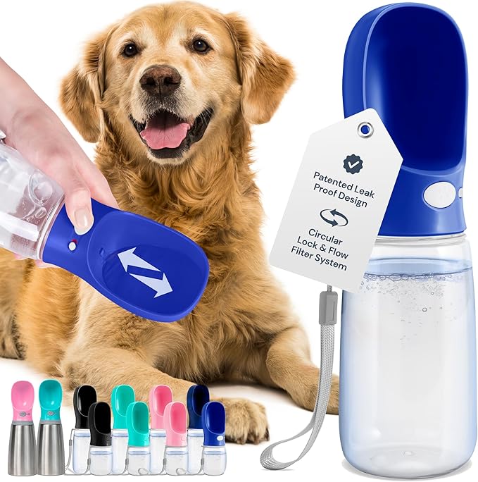 MalsiPree Dog Water Bottle - 19 oz, Navy Blue - One-Hand Leak-Proof Hydration & Pet Water Dispenser - Built-in Travel Bowl & Travel Pet Bowl - BPA-Free for Dog Camping