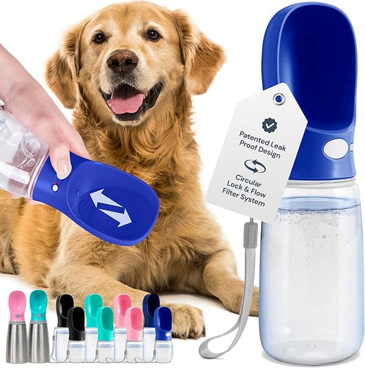 MalsiPree Dog Water Bottle - 19 oz, Navy Blue - One-Hand Leak-Proof Hydration & Pet Water Dispenser - Built-in Travel Bowl & Travel Pet Bowl - BPA-Free for Dog Camping