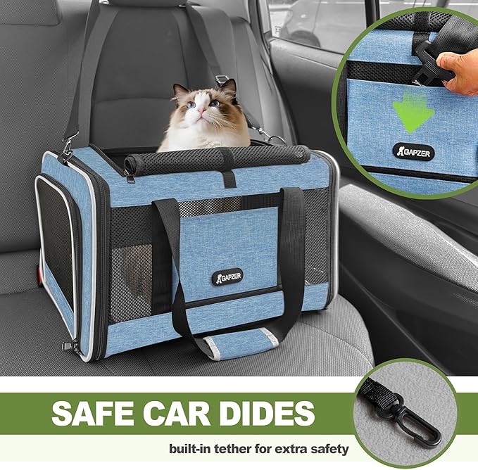 GAPZER Cat Carrier 18 x 11 x 11 Top Loading Soft-Sided Pet Travel Bag Over 15lbs, Portable Small Dog Puppy Car Crate 10 lbs, Chihuahua Kennel Carry Case, Kitty Cloth Cage Medium Cat Under 25 Blue