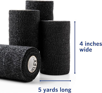 PowerFlex Equine – Extra Strong Self-Adhering Bandage Wrap – Wound Care, Compression & Support Bandage for Horses, Cows & Dogs – Black, 4 inch, 4 Rolls (Resealable Case)