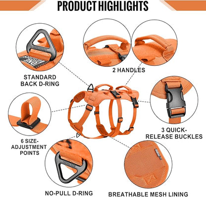 OneTigris Escape Proof Dog Harness, No Pull Dog Harness with Handles, Tactical Multi-Use Support Dogs Harnes for Large Dogs Everyday Wear Walking Hiking Training (Orange, Large)