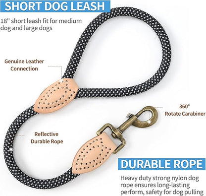 Mile High Life Short Dog Leash, Short Leash for Large Dogs, Reflective Dog Lead with w Leather Tip, Heavy Duty Leash for Large and Medium Dogs Training and Walking(Black, 18 Inch)