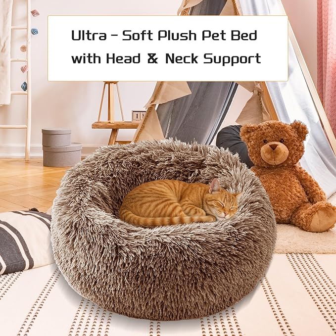 Comfort Donut Dog Bed for Small Dogs, Cat Bed & Pet Bed for Indoor Use, Medium Size with Soft Plush, Round Dog Beds for Large Dogs and Cats (Light Brown, 20''Lx20''Wx8''Th)