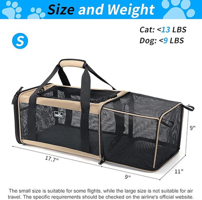 Wakytu Airline Approved Expandable Pet Carrier for Small Cats, Collapsible Travel Bag with 600D Oxford, Safety Lock Zipper,S