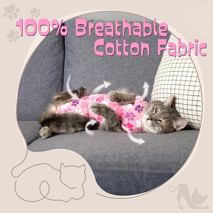 COZYDOODZ Cat Recovery Suit – Soft Breathable Cat Onesie for Female & Male Cats After Surgery, Spay, Neuter or Wounds, Cat Surgery Suit, Recovery Suit for Cats, Cone Alternative, Pink Paw Print
