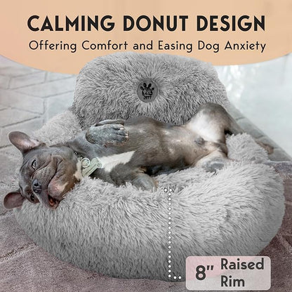 PetJett Calming Small Dog Bed - 23'' Round Dog Beds, Anti-Slip & Washable Super Soft Fluffy Plush Faux Fur Pet Bed, Anti-Anxiety Premium Comfort Donut Puppy Bed, Fits Dogs up to 25 lbs - Bright Grey