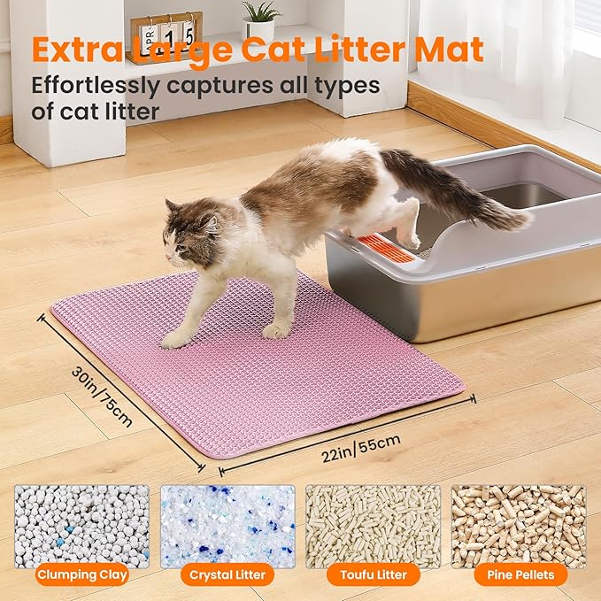 Petinstinct Extra Large Cat Litter Mat, 30x22 Inches Honeycomb Double Layer Cat Litter Trapping Mat, Non Slip Waterproof Urine Proof Large Kitty Litter Box Mat for Floor, Kitten Supplies, XL, Pink