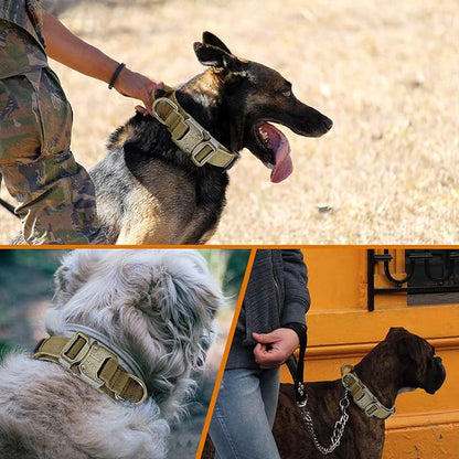 Tactical Dog Collar, Adjustable Nylon, Heavy Duty Metal Buckle with Handle, Airtag Protective Case, Brown, L, Medium & Large Breeds