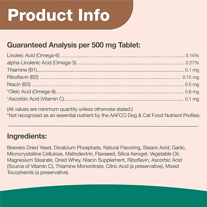 NaturVet – Brewer’s Dried Yeast Formula with Garlic Flavoring – Plus Omegas | Rich in Omega-3, 6 & 9 Fatty Acids | Fortified with B1, B2, Niacin & Vitamin C | For Dogs & Cats | 5000 Chewable Tablets