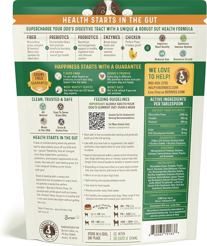 Perfect Poop Digestion & General Health Supplement for Dogs: Fiber, Prebiotics, Probiotics & Enzymes Relieve Digestive Conditions, Optimize Stool, and Improve Health (Chicken, 30.0 oz)