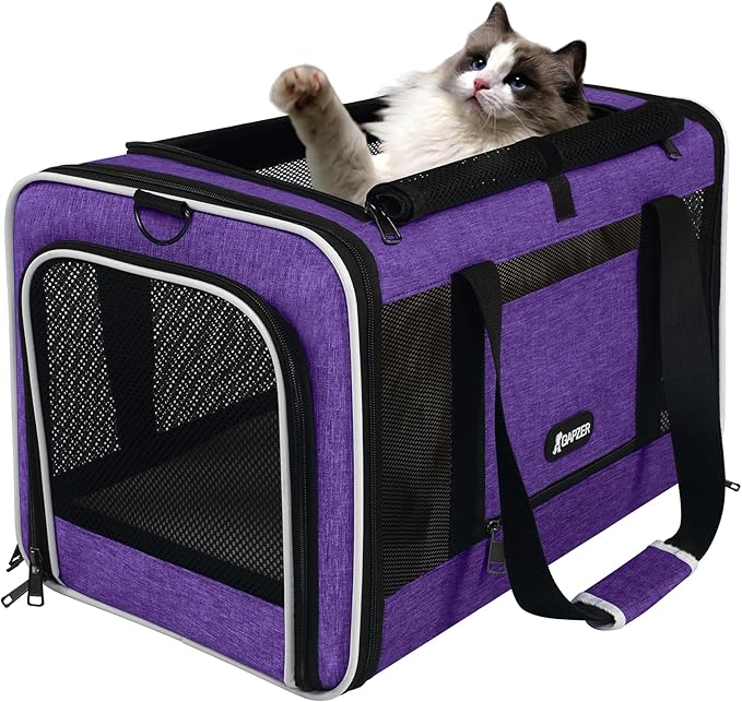 GAPZER Per Carrier for Cat 18x11x11 Inch FAA Complaint, Kitten Taxi Top Load Soft Cloth Bag, Small Animal Portable in Cabin Crate Shih Tzu Dog Kennel Carry Case, 4-Sided-Ventilated Kitty Purse Purple