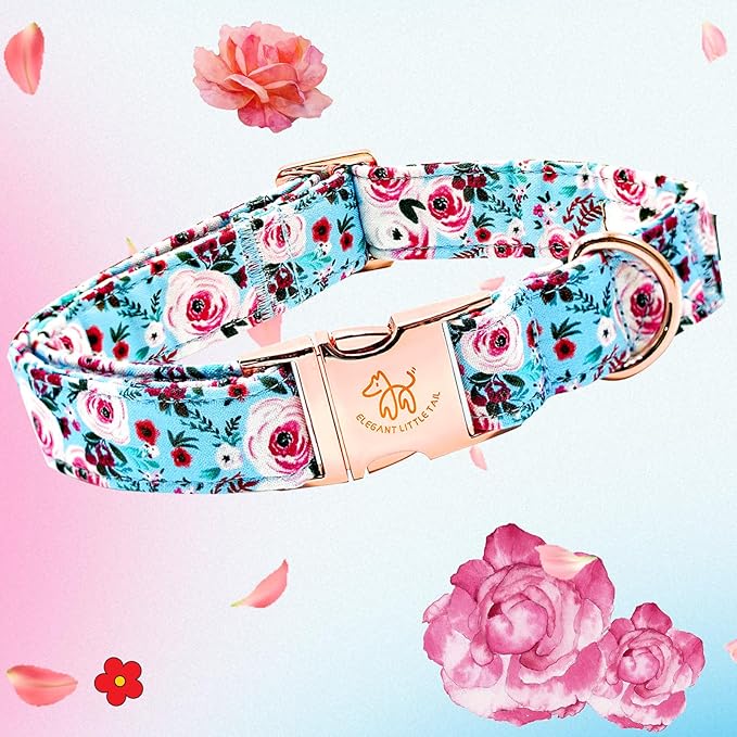 Elegant little tail Dog Collar, Pink Floral Print Pet Collar Summer Dog Collar Pet Collar Dog Cotton Durable Dog Collar Metal Buckle Collar for Small Dogs, Blue Flower
