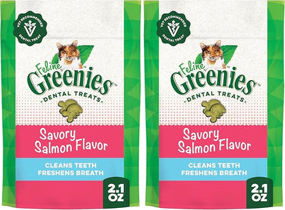 Greenies Feline Adult Natural Dental Care Cat Treats, Savory Salmon Flavor, 2.1 oz. Pouch (Pack of 2)