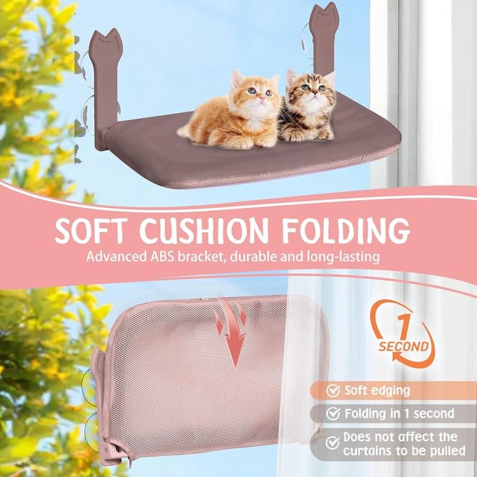 2 Pack Cat Window Perch,Cat Window Hammock Cordless Foldable Window Bed with 4 Large Strong Suction Cup,Reversible Cushion Cover,Metal Frame Easy to Adjust Window Seat Holds up to 40lbs(Brown，M)