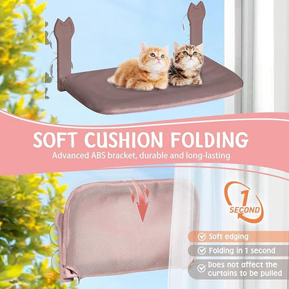 2 Pack Cat Window Perch,Cat Window Hammock Cordless Foldable Window Bed with 4 Large Strong Suction Cup,Reversible Cushion Cover,Metal Frame Easy to Adjust Window Seat Holds up to 40lbs(Brown，M)