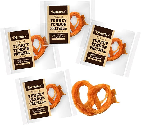A Freschi srl Turkey Tendons for Dogs, USA-Sourced, Healthy Dog Treats, Rawhide-Free Puppy Chews, Long Lasting, All Natural, Hypoallergenic Dog Treats for Small Breeds, 4 Count Pack Pretzel (S)