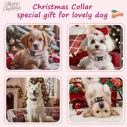 Christmas Dog Collar Large Dog Collars, Adjustable Pink Dog Collars with Jolly Santa Pattern, Cute Dog Christmas Collar for Dogs, Winter Holiday Dog Collar for Girl Boy Dogs-L