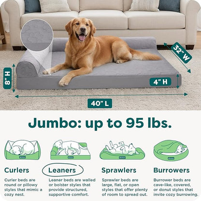 Furhaven Cooling Gel Dog Bed for Large Dogs w/ Removable Bolsters & Washable Cover, For Dogs Up to 95 lbs - Pinsonic Quilted Paw L Shaped Chaise - Titanium, Jumbo/XL