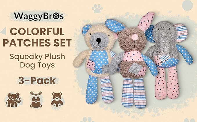 Colorful Patches Set - Bear, Bunny, Elephant, Squeaky Plush Dog Toys, All Bread Sizes, Toys, 3-Pack