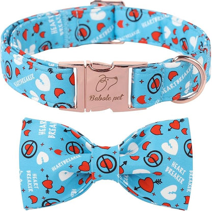 Valentines Dog Collar with Bowtie, Blue Heart Dog Collar with Bow, Cute Valentine Heart Pet Collar with Metal Buckle Adjustable for Boys&Girls Dogs, X-Small