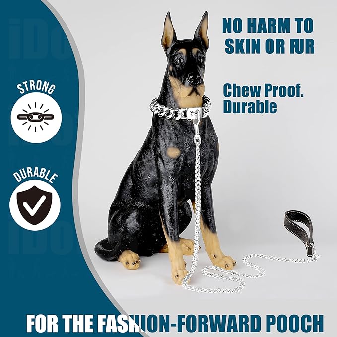 Silver Dog Chain Leash 18K Gold Stainless Steel Cuban Link Dog Leash with Leather Handle for Dogs Collar Chains(3ft/Silver)