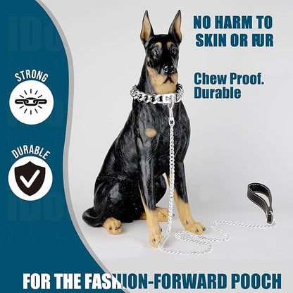 Silver Dog Chain Leash 18K Gold Stainless Steel Cuban Link Dog Leash with Leather Handle for Dogs Collar Chains(4ft/Silver)