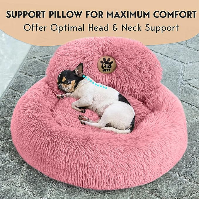 PetJett Calming Dog Bed for Small Dogs – 23" Donut Dog Beds, Anti-Slip & Washable Fluffy Plush Faux Fur Pet Bed, Anti-Anxiety Premium Comfort Round Puppy Bed, Fits Dogs up to 25 lbs – Pink