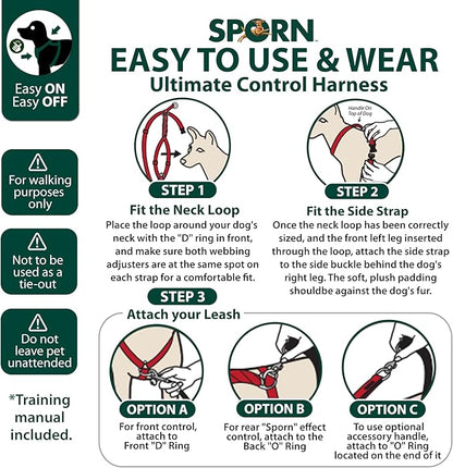 SPORN Ultimate Control No Pull Dog Harness for Medium-Sized Dogs - 4-in-1 Adjustable Dog Harness with Front, Back & Dual-Clip Options & Emergency Grab Handle - Easy On/Off, Padded Comfort (Red, M)