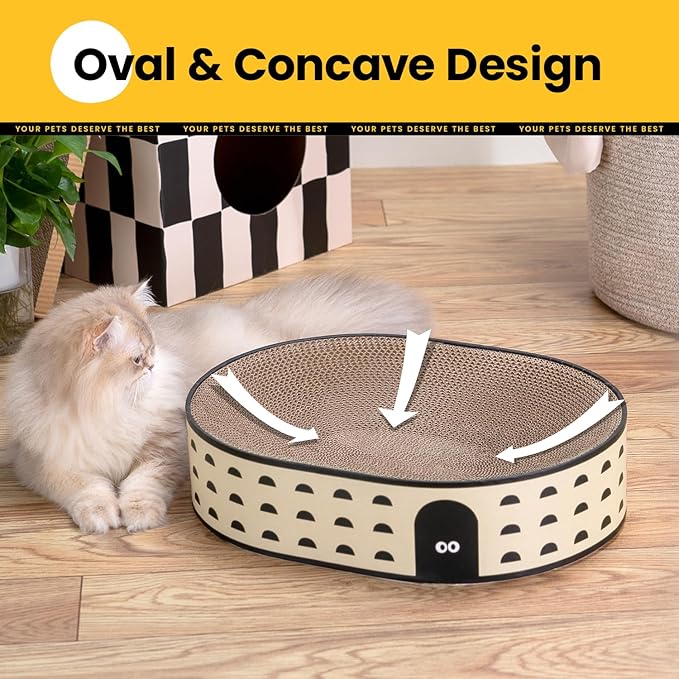 Conlun Oval Cat Scratcher Bed, 2-in-1 Cat Scratching Board, Natural Corrugated Cardboard Scratch Pad Lounge, Sealed Base Traps Debris,No Assembly Kitty Furniture,Stylish Colors Blends Any Home Decor
