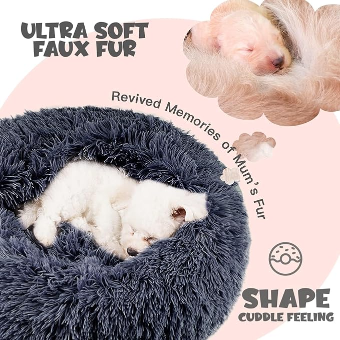 Himax Dog Beds for Small Dogs, Donut Dogs Beds with Blanket Attached, Calming Dog Bed Washable (20"/26"/35") Grey