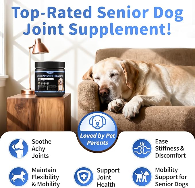 POPPAW Senior Advanced Joint Supplement for Dogs – 17-in-1 Glucosamine for Dogs with Chondroitin – Hip & Joint Pain Relief Pills – Mobility Support Chews – Large & Small Breeds - Chicken Flavor – 90Ct