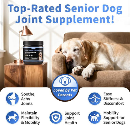 POPPAW Senior Advanced Joint Supplement for Dogs – 17-in-1 Glucosamine for Dogs with Chondroitin – Hip & Joint Pain Relief Pills – Mobility Support Chews – Large & Small Breeds - Chicken Flavor – 90Ct