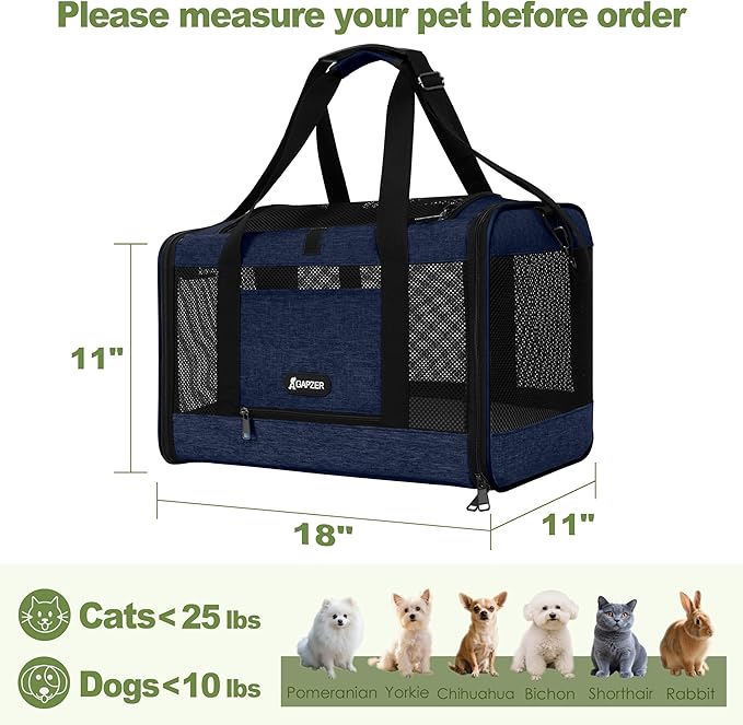 GAPZER Cat Carrier 18x11x11 United Airline Approved, Top Loader Heavy Duty Softshell Pet Flying Bag 18lbs, Small Dog Chihuahua Crate 5-10 Pounds, Kitty Transport Kennel, Miniature Poodle Case Navy