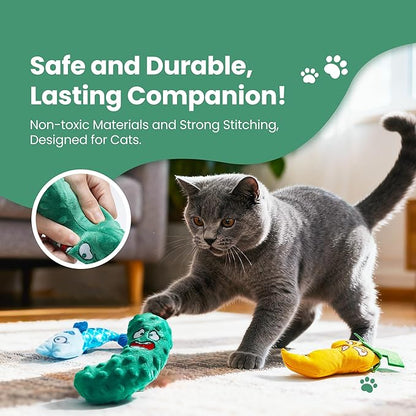 PURETOY Catnip Toys Set of 3 – Fish, Chili Pepper and Cucumber Plush Cat Toys for Indoor Cats, Natural Catnip Filled Interactive Chew and Teething Toys for Kittens