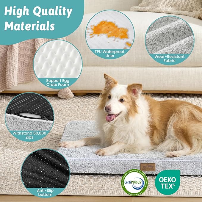 COZY KISS Dog Crate Bed for Large Size Dogs, Rectangular Orthopedic Dog Beds, Foam Anti-Slip Bottom Pet Mat with Washable Removable Cover, Suitable for Pet Up to 75 lbs, 36x27x3 inch, Grey