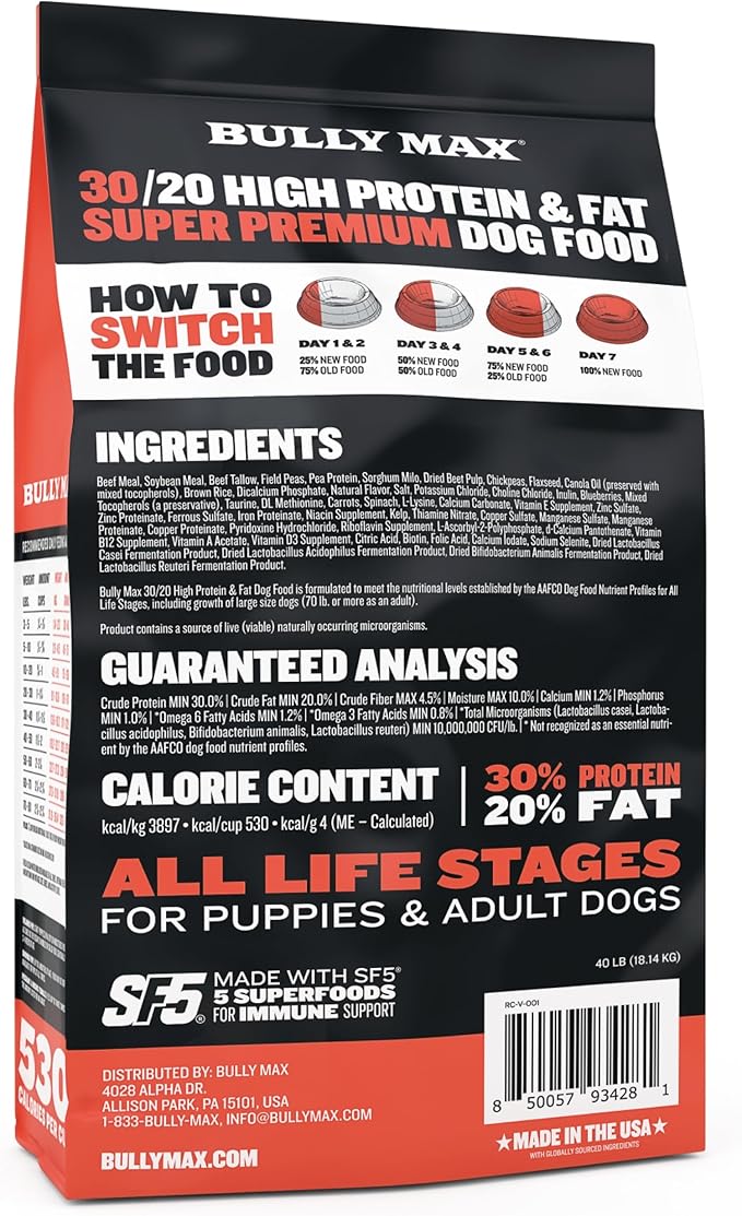 Bully Max Dry Dog Food for Adults & Puppies - High Protein & Fat for Muscle & Weight Gain - High Performance Dog Food Supplements - Small & Large Breed Dogs (530 Calories Per Cup), Beef, 40lb Bag