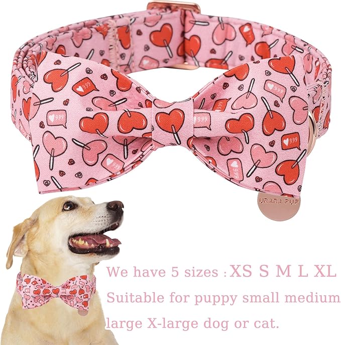 UP URARA PUP Valentine’s Day Dog Collar with Bow Tie, Pink Heart Bowtie Collar with Metal Buckle, Valentine’s Day Gift Pet Collar for Puppy Girl Boy Dog or Cat, Wedding Dog Collar, S, Neck 10-16in