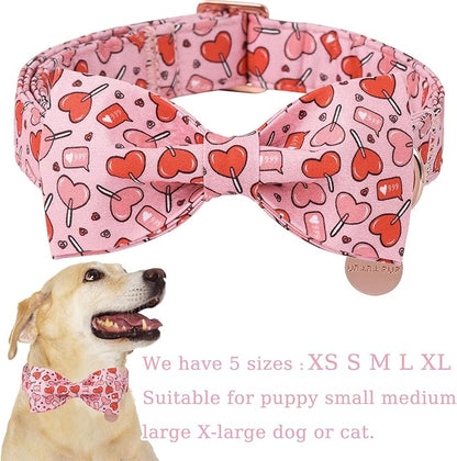 UP URARA PUP Valentine’s Day Dog Collar with Bow Tie, Pink Heart Bowtie Collar with Metal Buckle, Valentine’s Day Gift Pet Collar for Puppy Girl Boy Dog or Cat, Wedding Dog Collar, S, Neck 10-16in