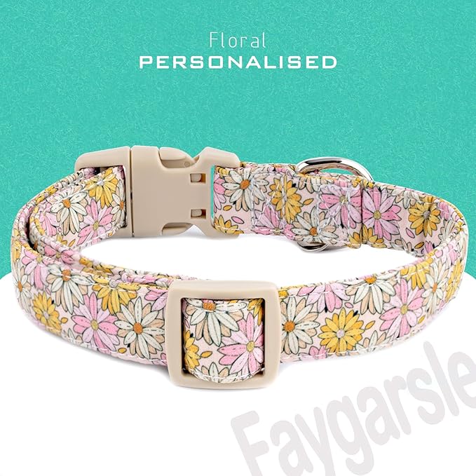 Faygarsle Floral Girl Dog Collar, Cotton Fabric with Daisies Pattern, Pink and Yellow Summer Spring Design for Small Medium Large Dogs L