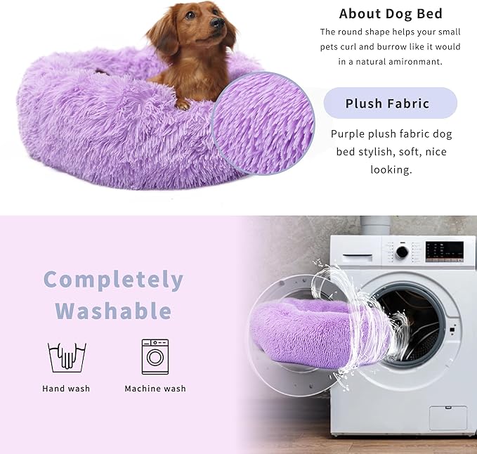 Calming Dog Bed for Medium Dogs Washable Donut 30 inches Anti-Slip Pet Bed,Round Fluffy Plush Faux Fur Cat Bed,Fits up to 45 lbs Pets,Purple