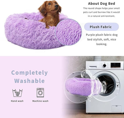 Calming Dog Bed for Medium Dogs Washable Donut 30 inches Anti-Slip Pet Bed,Round Fluffy Plush Faux Fur Cat Bed,Fits up to 45 lbs Pets,Purple