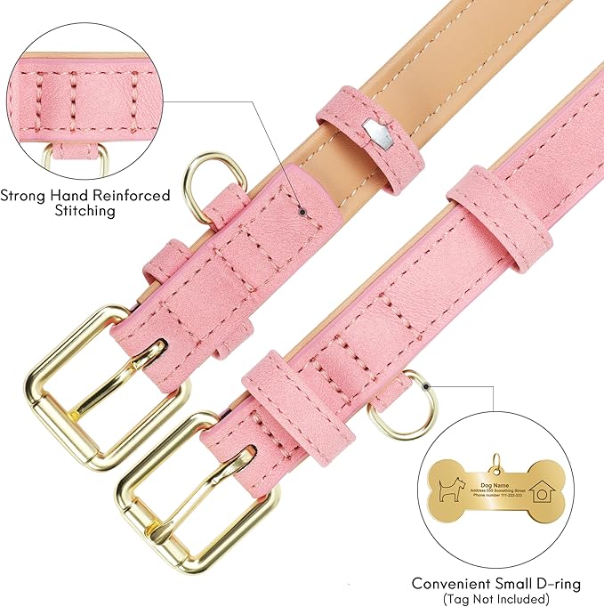 Leather Dog Collar for Small Medium Large Dogs, Soft Padded Dog Leather Collar with Heavy Duty Gold Buckle, Durable & Comfortable for Puppy Dogs Daily Walking (Pink, XS)