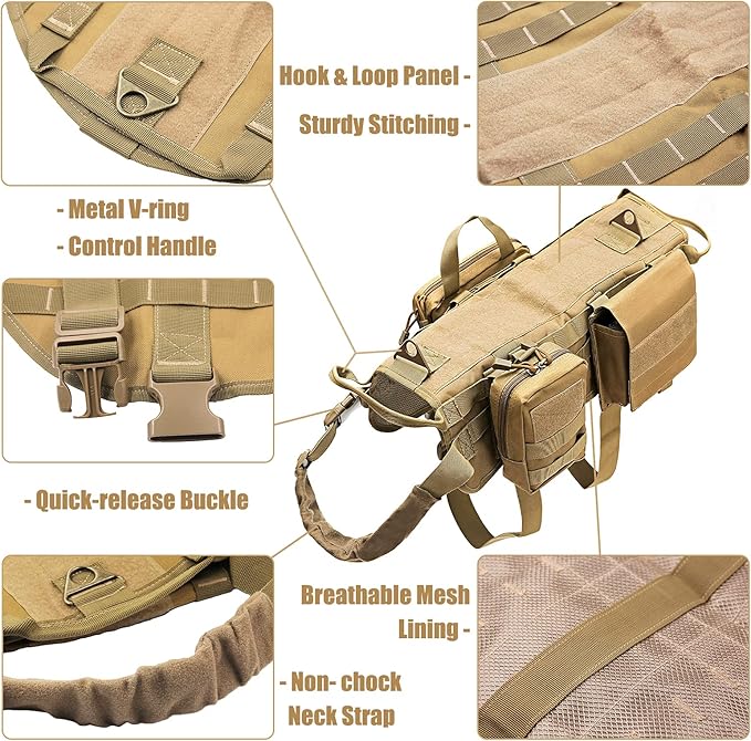 AIWAI Tactical Dog Harness with Pouches,Dog Vest Harness for Large Medium Dogs No-Pull Adjustable Military Dog Harness with Handle Walking Hiking Training (Khaki, XL)