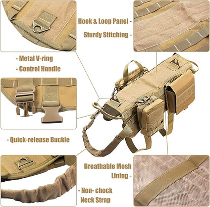 AIWAI Tactical Dog Harness with Pouches,Dog Vest Harness for Large Medium Dogs No-Pull Adjustable Military Dog Harness with Handle Walking Hiking Training (Khaki, XL)