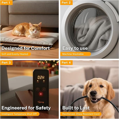 Toozey Large Heated Pet Mat 35x24 in - Waterproof, Chew Resistant, 6 Temp Settings with Timer, Indoor Use for Dogs and Cats