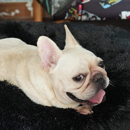 Calming Donut Dogs Beds for Small Dogs Washable,23inch Plush Round Pet Bed for Cozy Sleep,Fluffy Faux Fur Large Cat Bed,Fits up to 25 lbs Pets,Black
