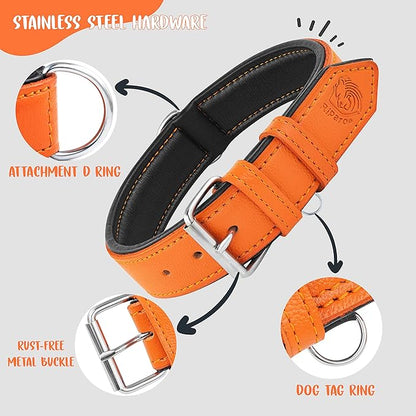 Riparo Orange Leather Dog Collar - Heavy Duty Wide Dog Collar for Small, Medium, Large and Extra Large Dogs with Dog Tag Holder (M: 1" Wide for 13.5”-17.5” Neck, Orange)